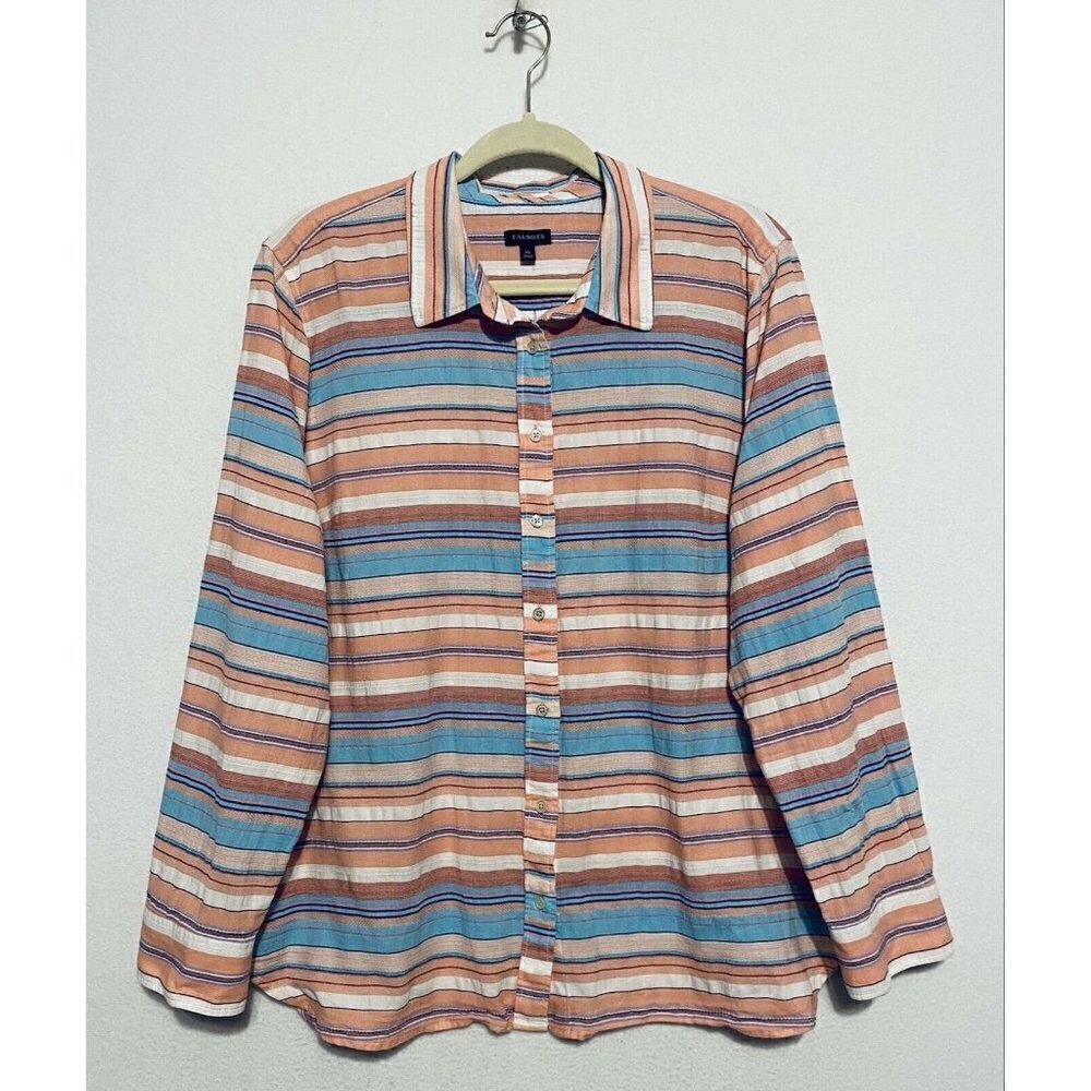 Talbots Button Up Top Womens XL Horizontal Stripes Embroidered Southwestern Boho